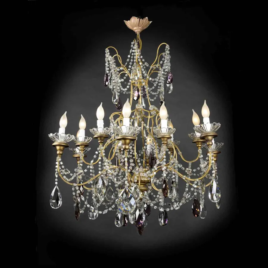 obrazek 1 Duży antyczny złoty żyrandol z dwunastoma światłami kryształowymi, w idealnym stanie, z początku XX wieku