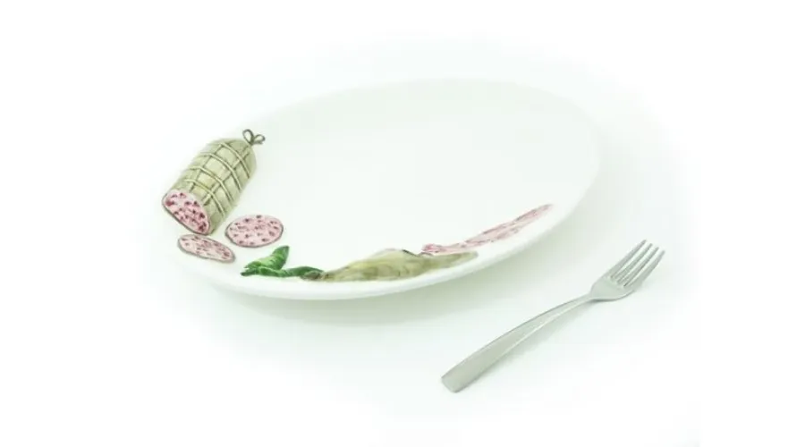obrazek 2 Średnia owalna taca na salami lub przekąski zdobiona motywem wędlin - Le Ceramiche