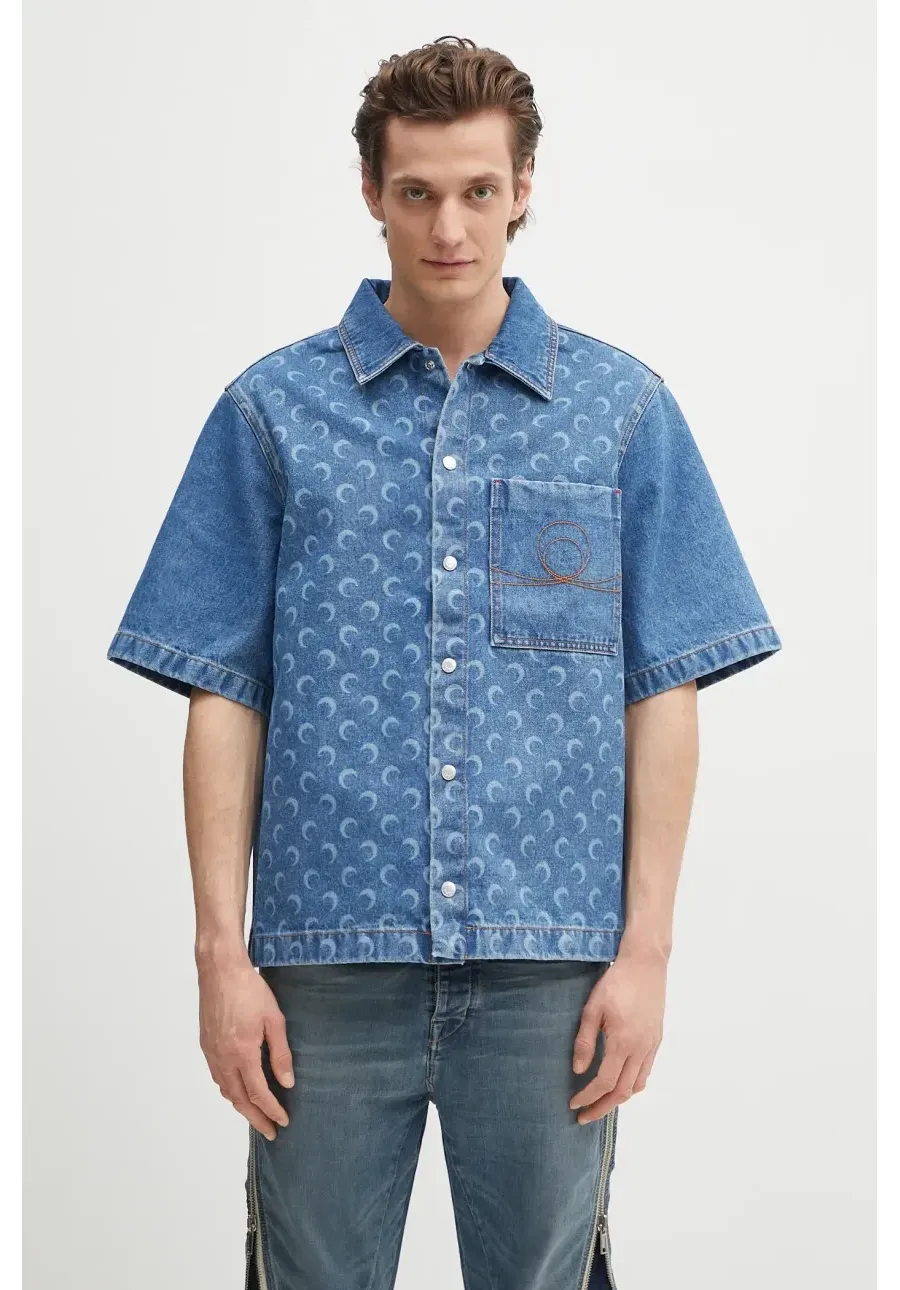 obrazek 1 Marine Serre koszula jeansowa Moon Laser Denim Workwear męska kolor niebieski relaxed z kołnierzykiem klasycznym MSI017A.CDEN0002