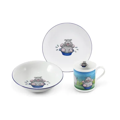 Zdjęcie Piękny stylowy 3-elementowy porcelanowy zestaw dla dziecka Hipopotam - Leander