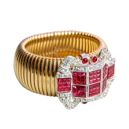 Zdjęcie Carlo Zini Bransoletka ze złotej siatki z centralnym motywem w czerwonych kryształkach i kamyczkach