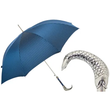Picture A unique blue striped men's umbrella with a fish-shaped handle - Pasotti