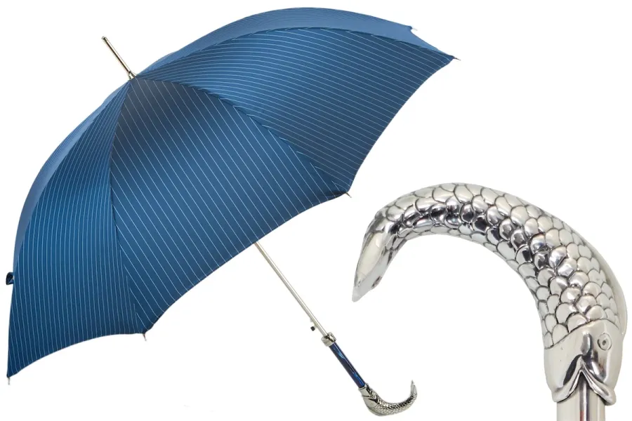 obrazek 1 Wyjątkowy niebieski parasol męski w paski z rączką w kształcie ryby - Pasotti