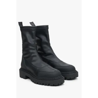 Zdjęcie Estro: Czarne wsuwane botki damskie z elastyczną cholewką ze skóry naturalnej