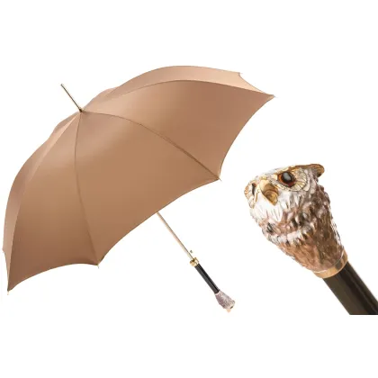 Picture Stylish beige men's umbrella with an owl-shaped handle - Pasotti
