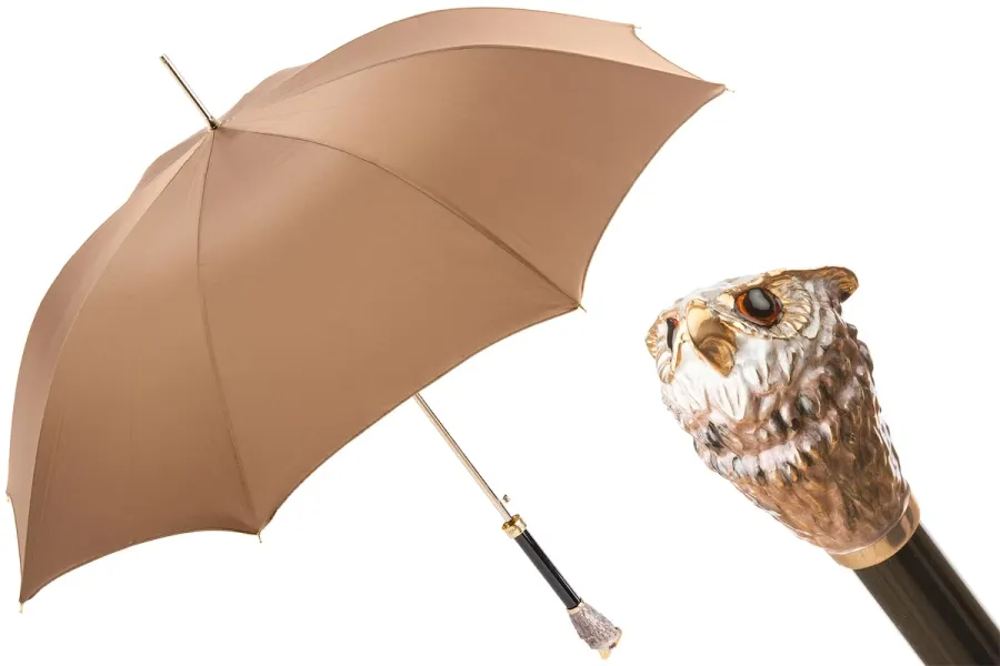 obrazek 1 Stylowy beżowy parasol męski z rączką w kształcie sowy – Pasotti