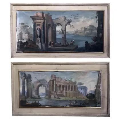 Zdjęcie Para obrazów architektonicznych w temperze, wykonana w pierwszej połowie XX wieku