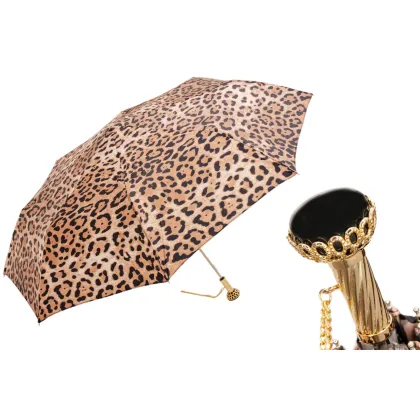 Zdjęcie Wyjątkowy jasnobrązowy parasol damski zdobiony wzorem skóry leoparda – Pasotti