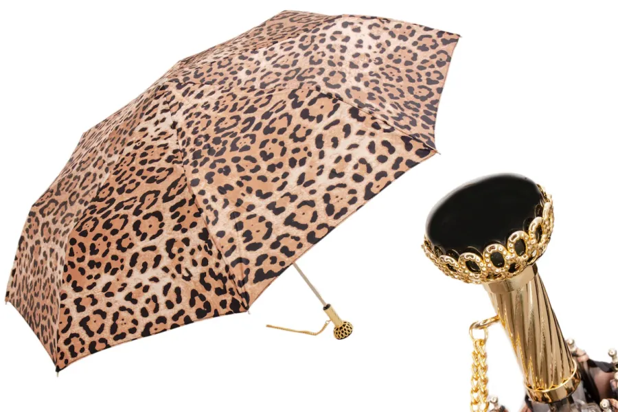 obrazek 1 Wyjątkowy jasnobrązowy parasol damski zdobiony wzorem skóry leoparda – Pasotti