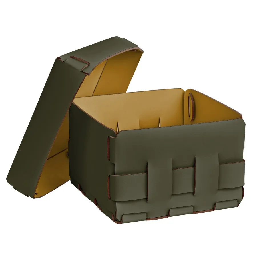 obrazek 2 Ciemnooliwkowy skórzany kosz Bottega 19x19xH13 cm do wyjątkowego wnętrza