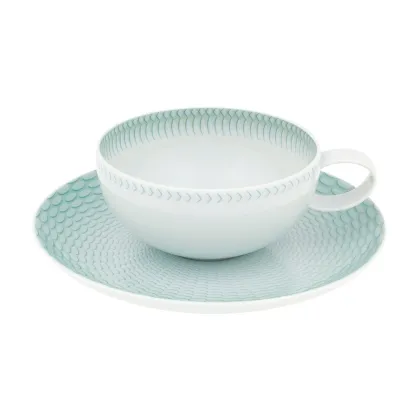 Picture White and turquoise tea cup and saucer made of Venezia porcelain with rich relief decoration - 4 pieces - Vista Alegre
