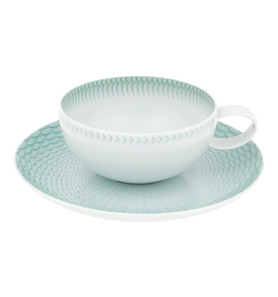 obrazek 1 Biało-turkusowa filiżanka do herbaty ze spodkiem z porcelany Venezia z bogatym reliefowym zdobieniem - Vista Alegre