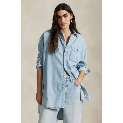 Zdjęcie Polo Ralph Lauren koszula bawełniana jeansowa damska kolor niebieski relaxed z kołnierzykiem klasycznym 211964726