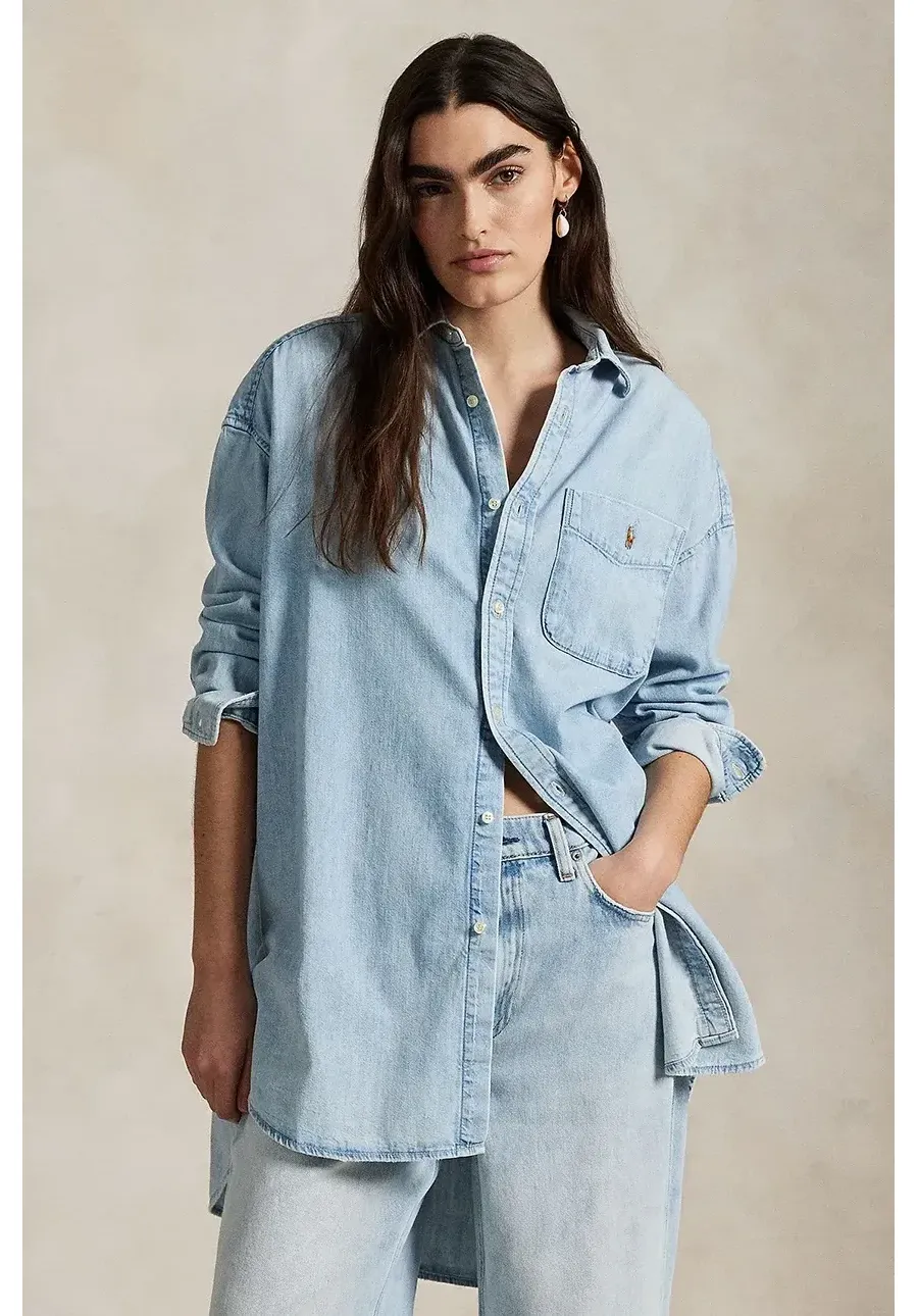 obrazek 1 Polo Ralph Lauren koszula bawełniana jeansowa damska kolor niebieski relaxed z kołnierzykiem klasycznym 211964726