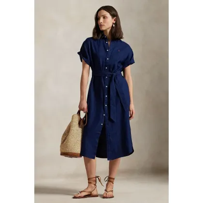 Zdjęcie Polo Ralph Lauren sukienka lniana kolor granatowy midi prosta 211959912