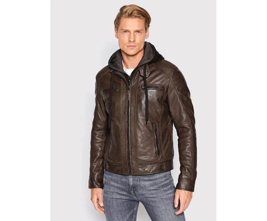 obrazek 1 Serge Pariente Kurtka skórzana Erico Hood Brązowy Regular Fit