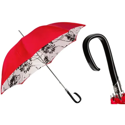 Zdjęcie Stylowy czerwony parasol damski w czarne kwiaty z czarną rączką - Pasotti