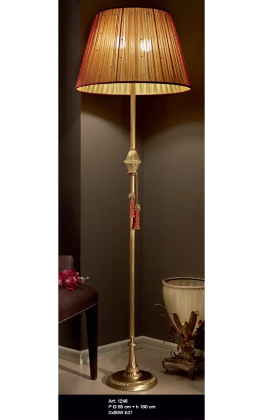 obrazek 1 Lampa podłogowa z oliwką ze szkła Murano z kloszem z żółtego jedwabiu - Il Paralume Marina