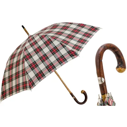Picture Stylish men's umbrella in a red and black check pattern with a wooden handle - Pasotti
