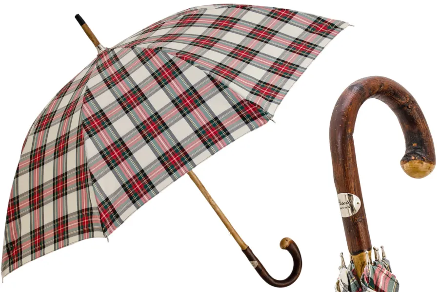 obrazek 1 Stylowy parasol męski w czerwono czarną kratę z drewnianą rączką – Pasotti