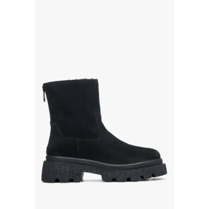 Zdjęcie Estro: Czarne botki damskie na zimę z weluru naturalnego