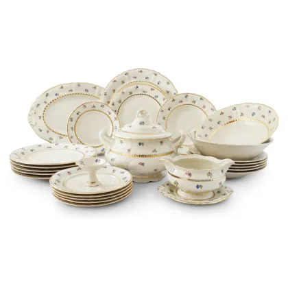 Zdjęcie Piękna stylowa 25-częściowa zastawa obiadowa z porcelany zdobiona motywem kwiatów - Leander