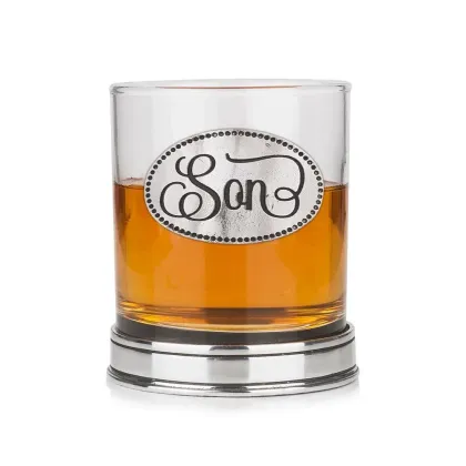 Zdjęcie Prezent dla wyjątkowego syna - szklanka do whisky z cynowym emblematem i polerowaną podstawą w kolorze miedzianym