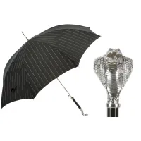 Zdjęcie Elegancki czarny parasol męski w paski z rączką w kształcie kobry – Pasotti