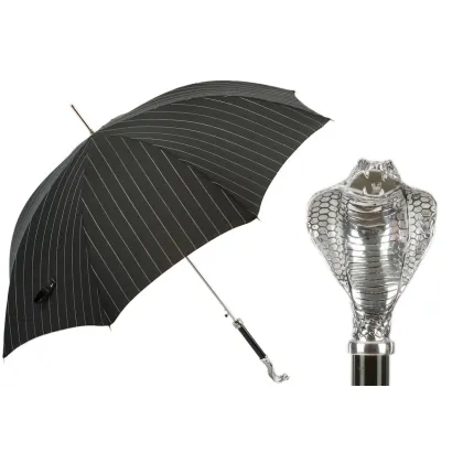 Picture Elegant black striped men's umbrella with a cobra-shaped handle - Pasotti