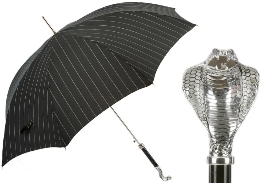 obrazek 1 Elegancki czarny parasol męski w paski z rączką w kształcie kobry – Pasotti