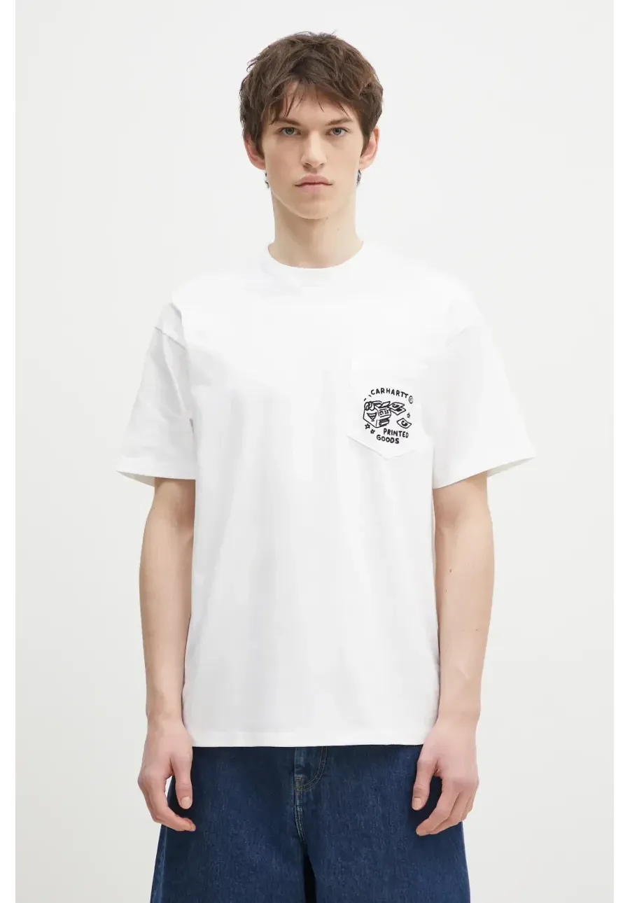obrazek 1 Carhartt WIP t-shirt bawełniany Fragments Pocket męski kolor biały z aplikacją I034407.00AXX