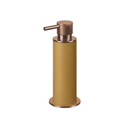 Picture Copper-plated bathroom dispenser Ø7xH19 cm with mustard-colored leather elements