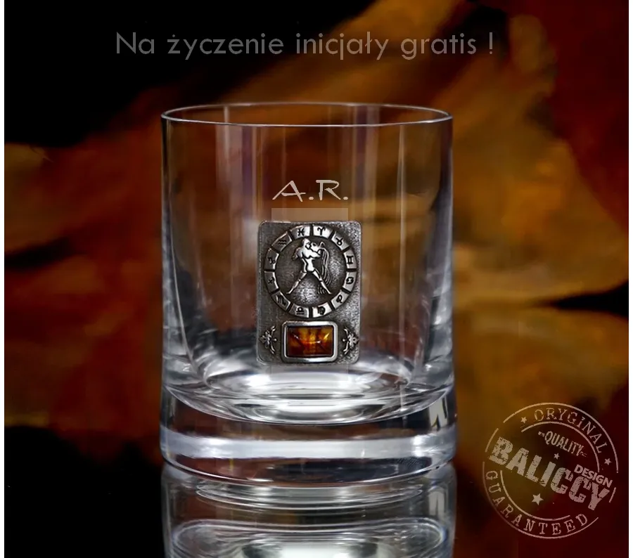 obrazek 5 Szklanka do whisky z bursztynem - znak zodiaku Wodnik