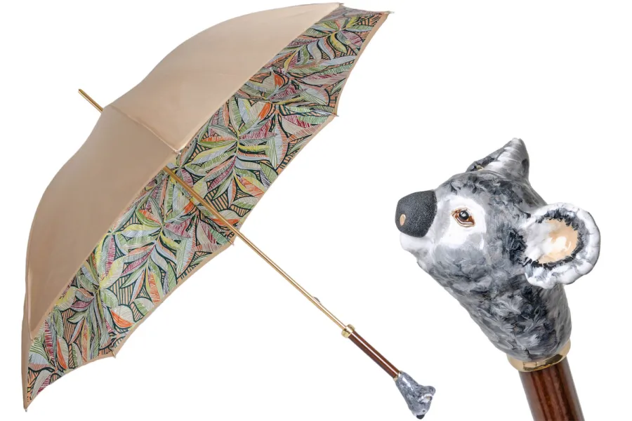obrazek 1 Ekskluzywny beżowy parasol damski zdobiony wzorem liści z rączką z misiem koala – Pasotti