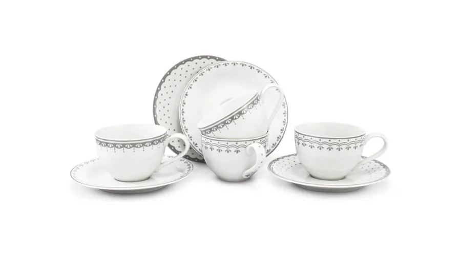 obrazek 1 Piękny zestaw czterech filiżanek ze spodkami z porcelany w kolorze szarym z kolekcji HyggeLine – Leander