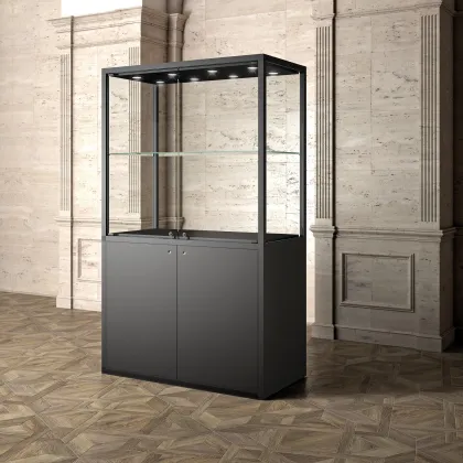 Picture Elegant museum display case with a cabinet and one shelf