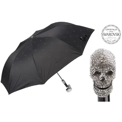 Picture A unique black men's umbrella with a skull-shaped handle decorated with Swarovski crystals - Pasotti