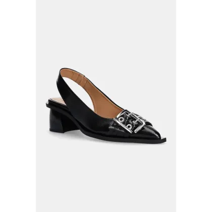 Zdjęcie GANNI czółenka Feminine Buckle Slingback Pump Naplack kolor czarny na słupku z odkrytą piętą S2892