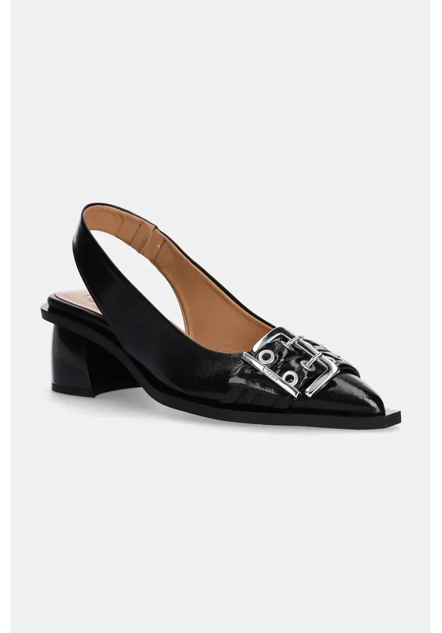 obrazek 1 GANNI czółenka Feminine Buckle Slingback Pump Naplack kolor czarny na słupku z odkrytą piętą S2892