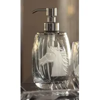 Picture Italian soap dispenser in hand-cut crystal with an engraved image of a horse and chrome-plated brass element - Il Paralume Marina