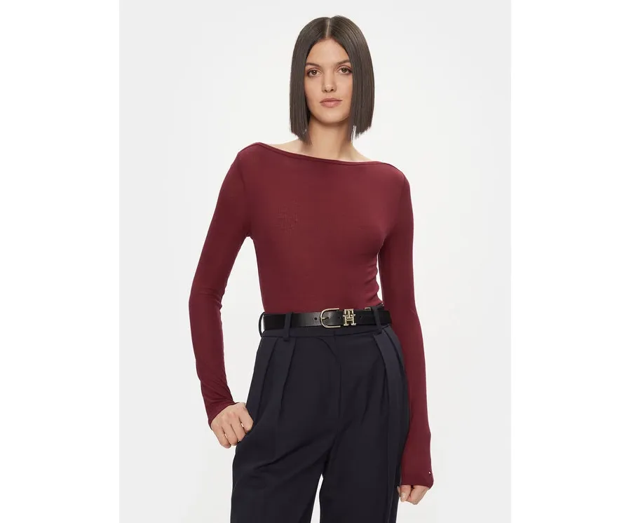 obrazek 1 Tommy Hilfiger Bluzka Slim Soft Tencel Boat-Nk Top Ls WW0WW39788 Bordowy Slim Fit