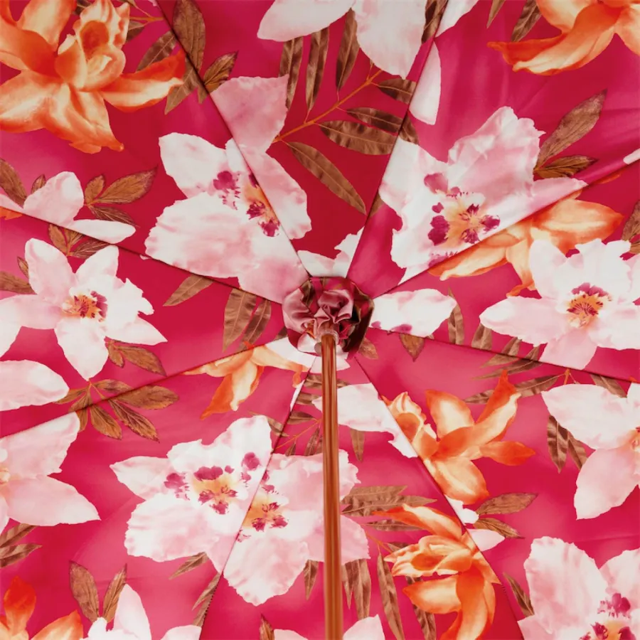obrazek 4 Piękny stylowy różowo-czerwony parasol damski zdobiony motywem kwiatów orchidei - Pasotti