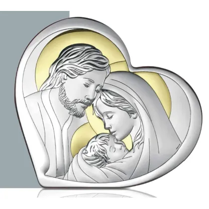 Picture Stylish silver picture with a representation of the Holy Family in the shape of a heart, 11x9.6 cm