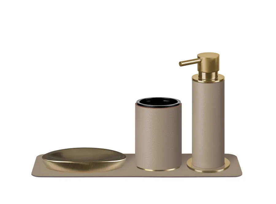 obrazek 2 Złocony dozownik do łazienki Ø7xH19 cm ze skórzanym korpusem