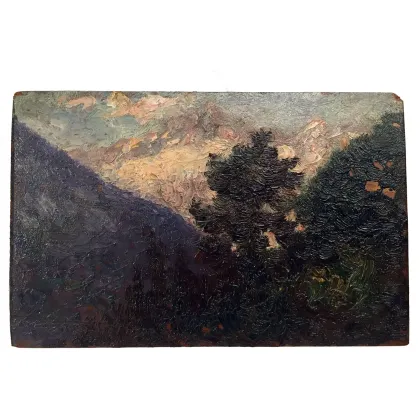 Picture A mountain landscape from the early 1900s, painted in oil on walnut board