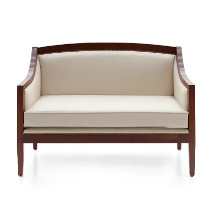 Zdjęcie Wygodna beżowa sofa w stylu art deco o strukturze drewna bukowego - Sevensedie