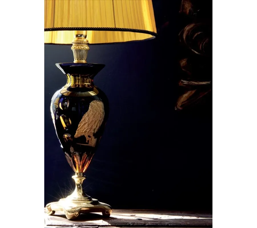 obrazek 2 Lampa z kryształu florenckiego szlifowana ręcznie z podwójnym włącznikiem i żółtym jedwabnym kloszem - Il Paralume Marina