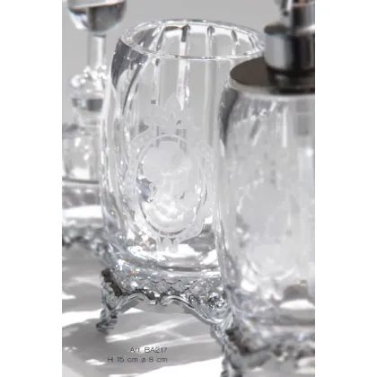 Zdjęcie Włoski pojemnik na szczoteczki z kryształu z ręcznie grawerowanym portretem damy i podstawą z chromowanego mosiądzu - Il Paralume Marina