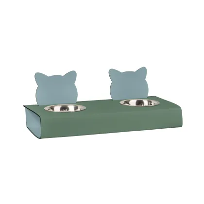 Zdjęcie Stylowy skórzany uchwyt na miski dla kota 40x16xH6 cm w kolorze eukaliptusowym