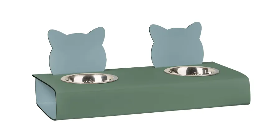 obrazek 1 Stylowy skórzany uchwyt na miski dla kota 40x16xH6 cm w kolorze eukaliptusowym